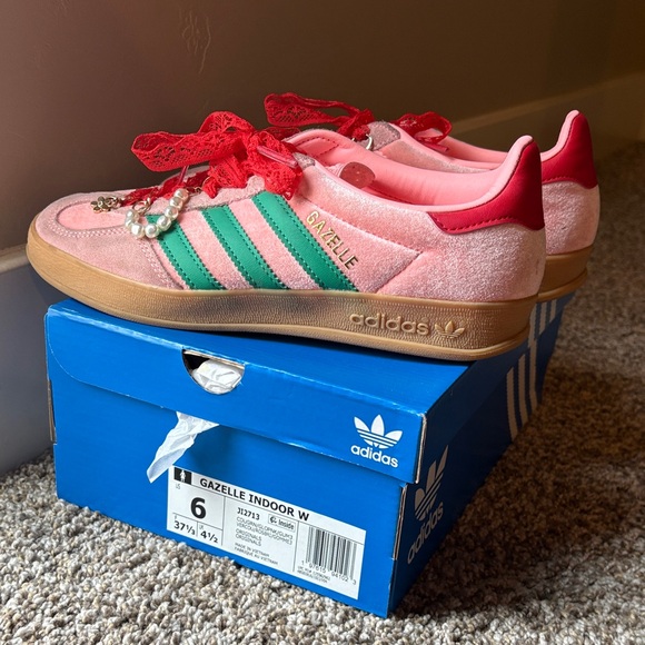 Adidas Gazelle Pink with Green Stripes and Red Laces